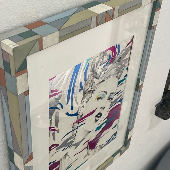 ORIGINAL FRAMED ART Metallic & Ink Graphic Illustration Drawing of Fashion Model - Picture 6 of 13